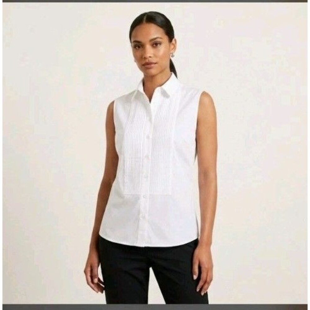 Lady Martino By Henry Segal Size 10 Pleated White Sleeveless Button Shirt